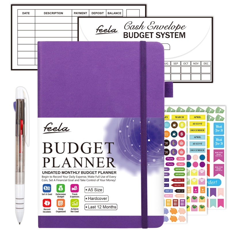 Feela Budget Planner, 2026 Monthly Undated Bill Organizer Hardcover Financial Journal, Feela Money Expense Tracker with Budget Envelopes, Stickers, 1 Pen, User Manual, A5, Last 12 Months, Purple - Image 1